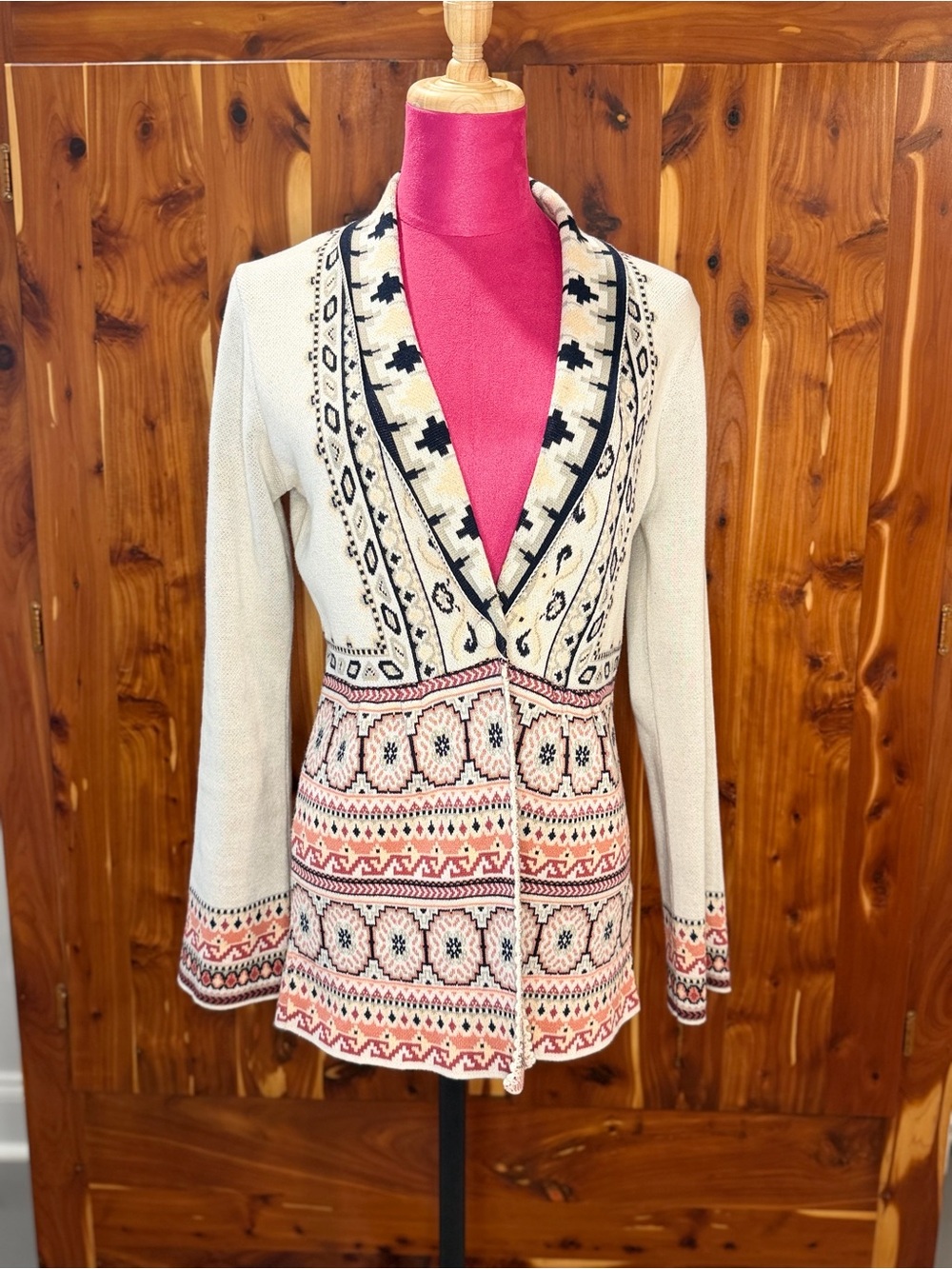 Odd Molly Cream, Coral & Black Patterned Shawl-Collar Cardigan Size 1 or XSMALL